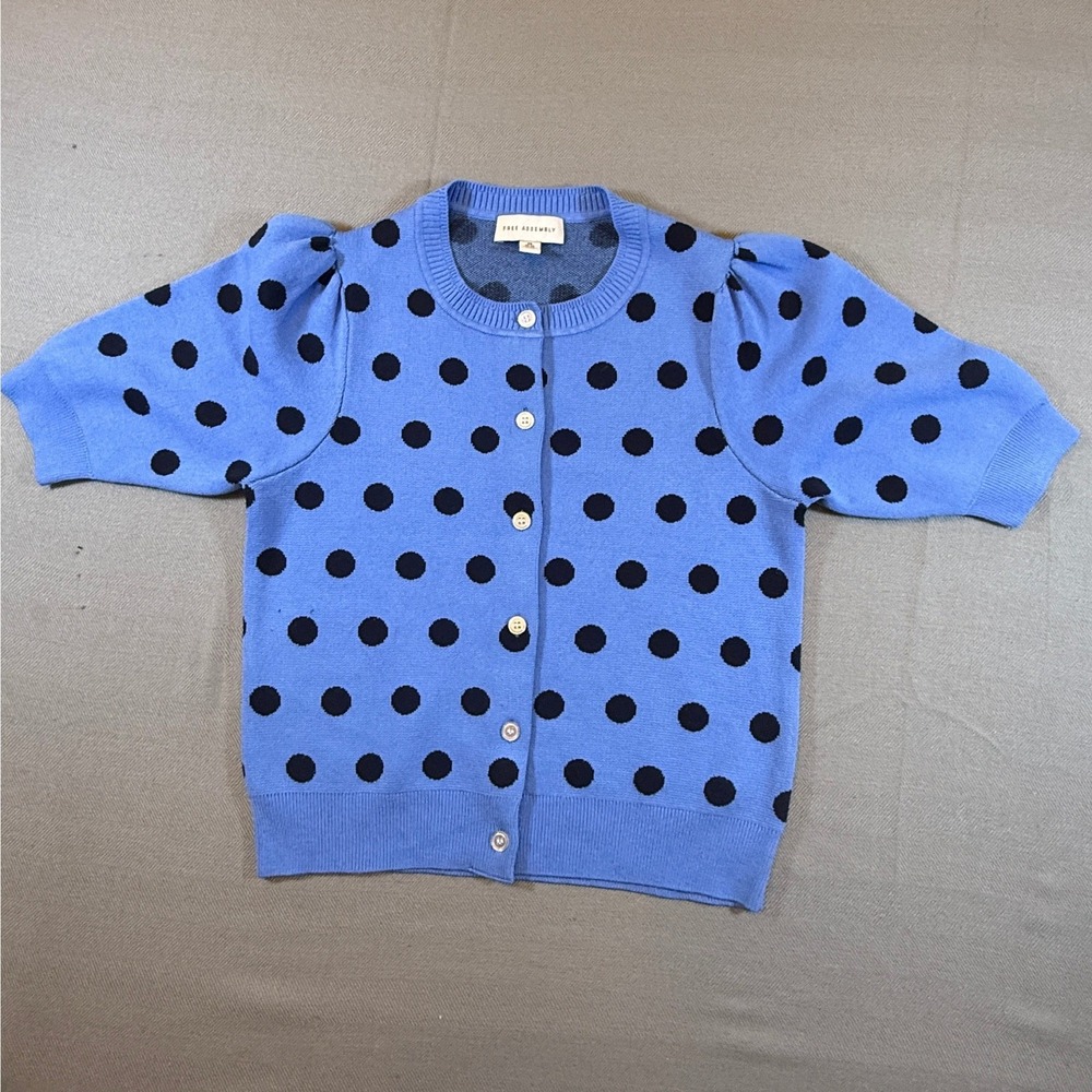Free Assembly Womens Blue Polka Dot Short Sleeve Cardigan Sweater Puff Sleeve XS